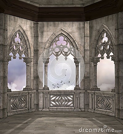 Medieval fantasy balcony overlooking a cloudy sky Cartoon Illustration